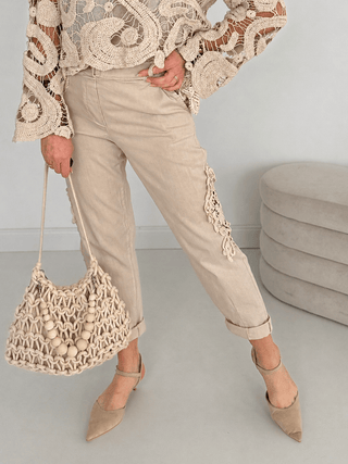 Jeans Stretchhose Beige mit Spitze | Damen OS 36-42 Levelone