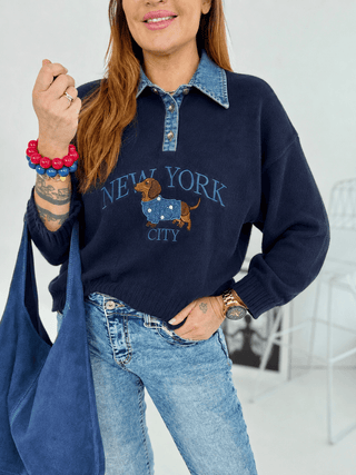 Feinstrickpullover in Dunkelblau mit Jeanskragen für Damen in Einheitsgröße 36-42  - Levelone GmbH & Co. KG