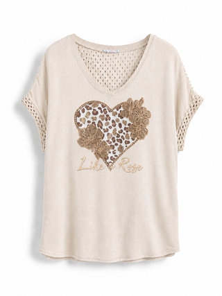 T-Shirt in Beige mit Herzmotiv für Damen in Einheitsgröße 36-42 - Levelone GmbH & Co. KG