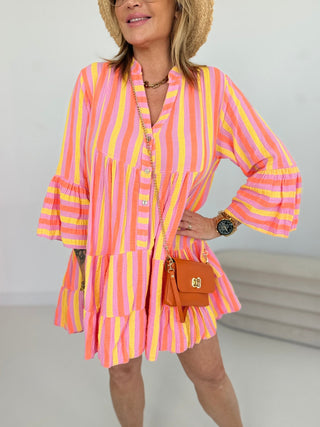 Musselin Tunika-gestreift-damen-flieder-neonorange-gelb-levelone