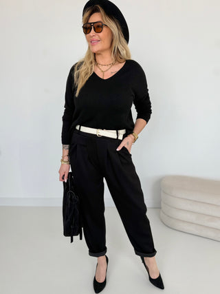 Stretchhose-schwarz-mit-gürtel-onesize-damen-levelone