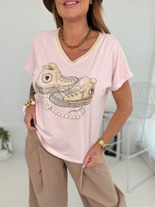 T-Shirt in Rosa mit Print und glänzenden Strasssteinen