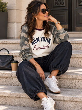 Langarmshirt gestreift in Creme-Grün, Rundhalsausschnitt und vorne mit NAMASTE Print für Damen - Levelone GmbH & Co. KG